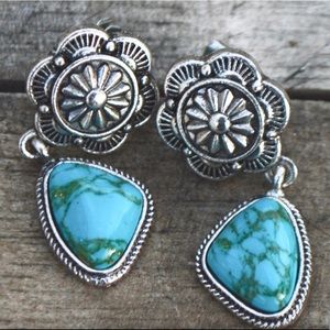 Concho Blue Turquoise Dangle Drop Earrings Silver